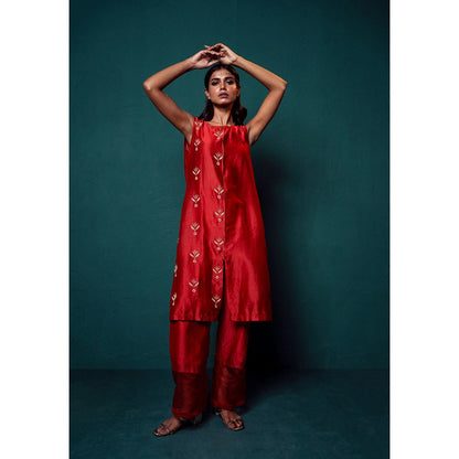 Suave by Neha Arora Red Surkh Kurta With Bustier And Pant (Set of 3)