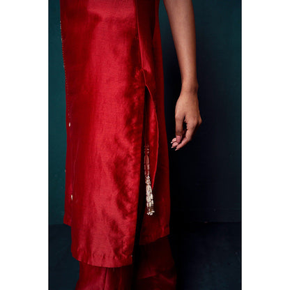 Suave by Neha Arora Red Surkh Kurta With Bustier And Pant (Set of 3)