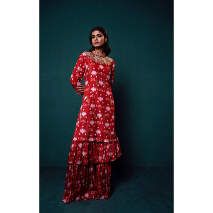 Suave by Neha Arora Surkh Layered Sharara With Kurta (Set of 2)