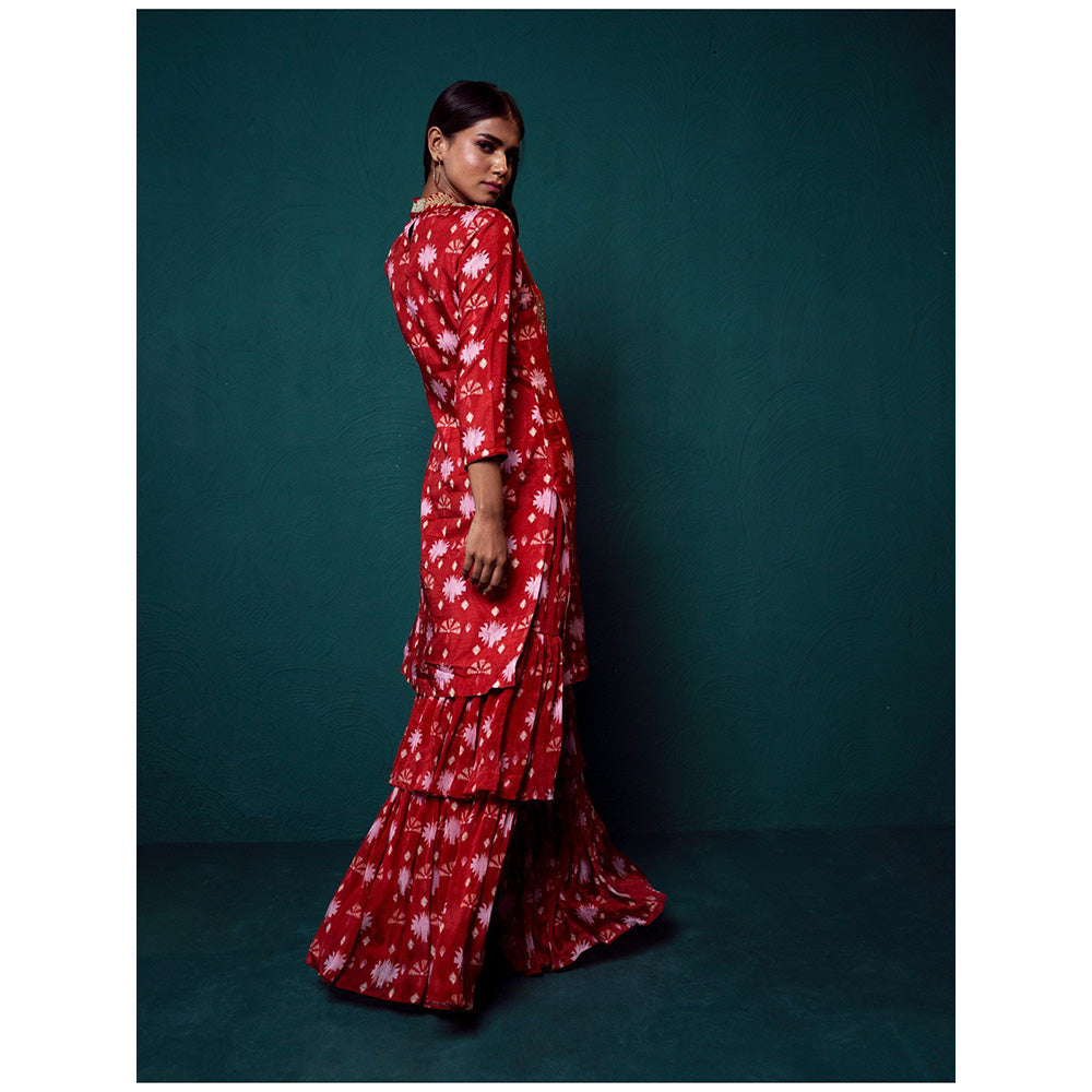 Suave by Neha Arora Surkh Layered Sharara With Kurta (Set of 2)