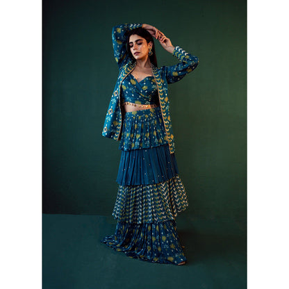 Suave by Neha Arora Blue Aasmani Embellished Jacket With Crop Top And Skirt (Set of 3)