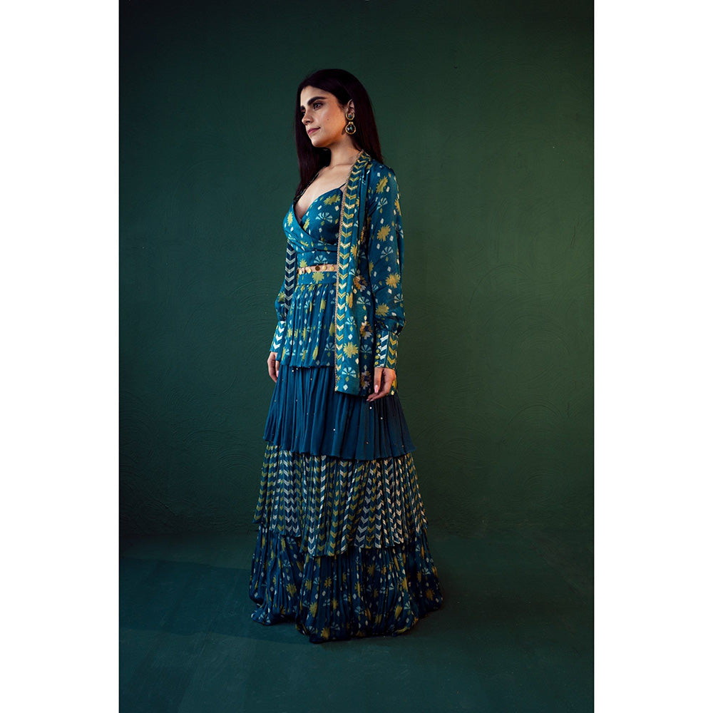 Suave by Neha Arora Blue Aasmani Embellished Jacket With Crop Top And Skirt (Set of 3)