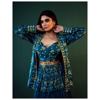 Suave by Neha Arora Blue Aasmani Embellished Jacket With Crop Top And Skirt (Set of 3)