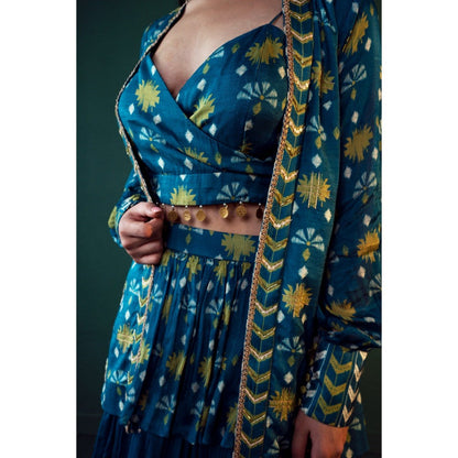 Suave by Neha Arora Blue Aasmani Embellished Jacket With Crop Top And Skirt (Set of 3)