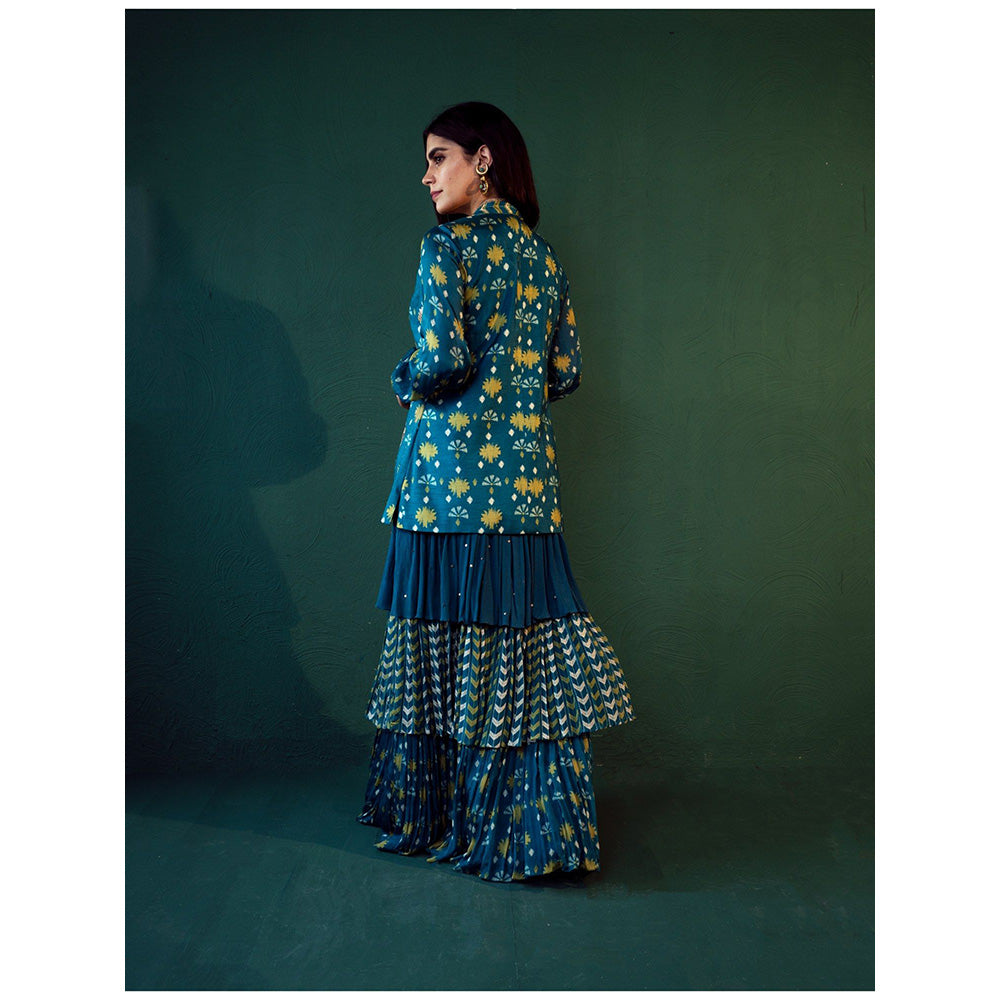 Suave by Neha Arora Blue Aasmani Embellished Jacket With Crop Top And Skirt (Set of 3)