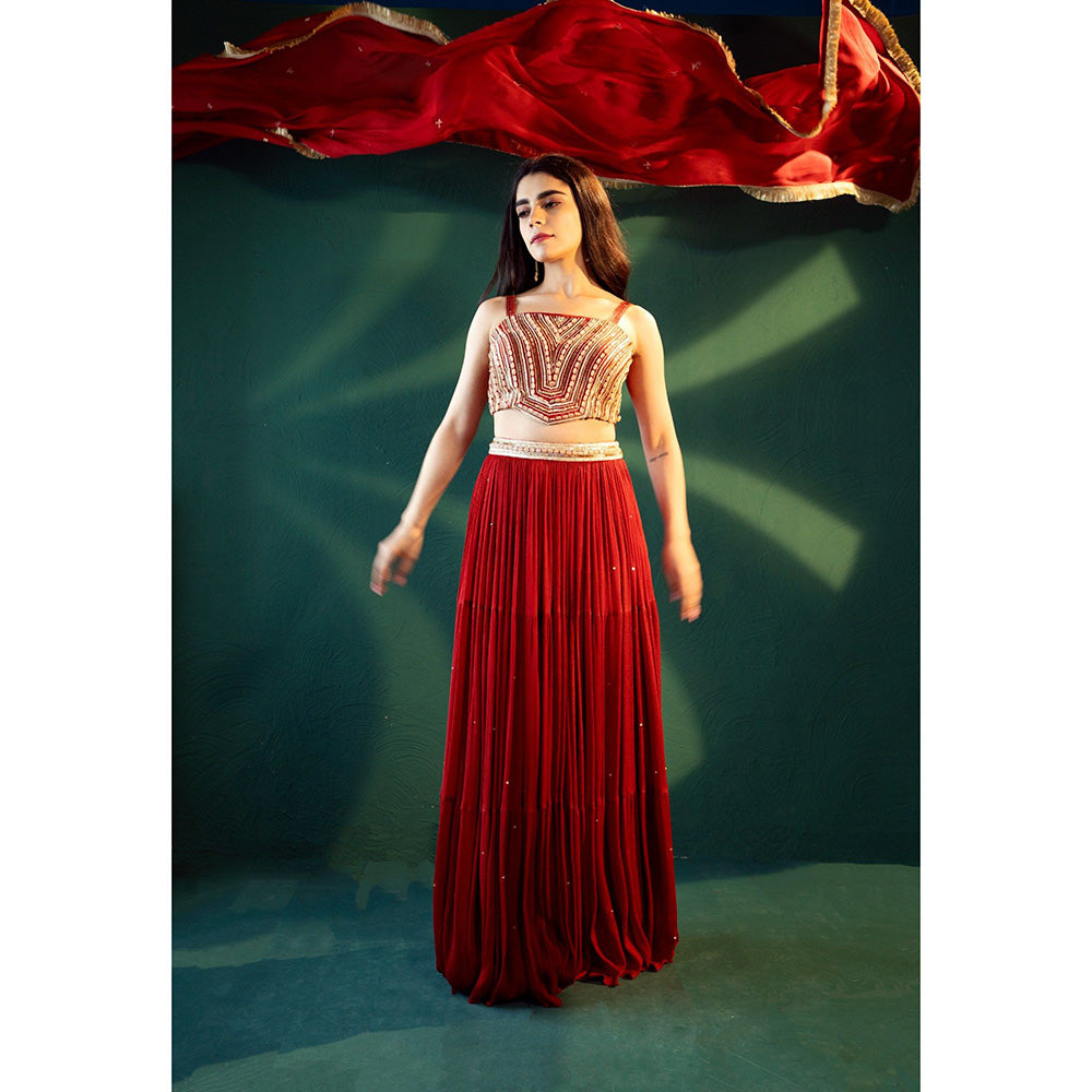 Suave by Neha Arora Red Surkh Lehenga With Embellished Blouse And Dupatta (Set of 3)