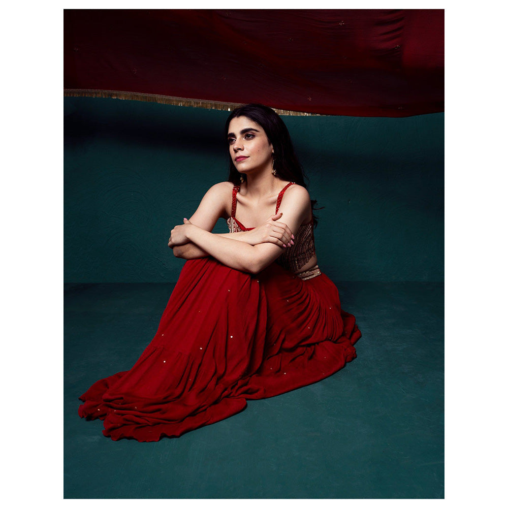 Suave by Neha Arora Red Surkh Lehenga With Embellished Blouse And Dupatta (Set of 3)