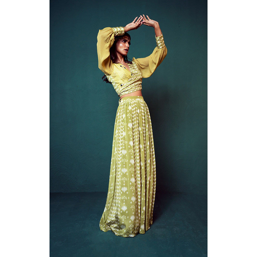 Suave by Neha Arora Green Dhoop Wrap Crop Top With Skirt (Set of 2)