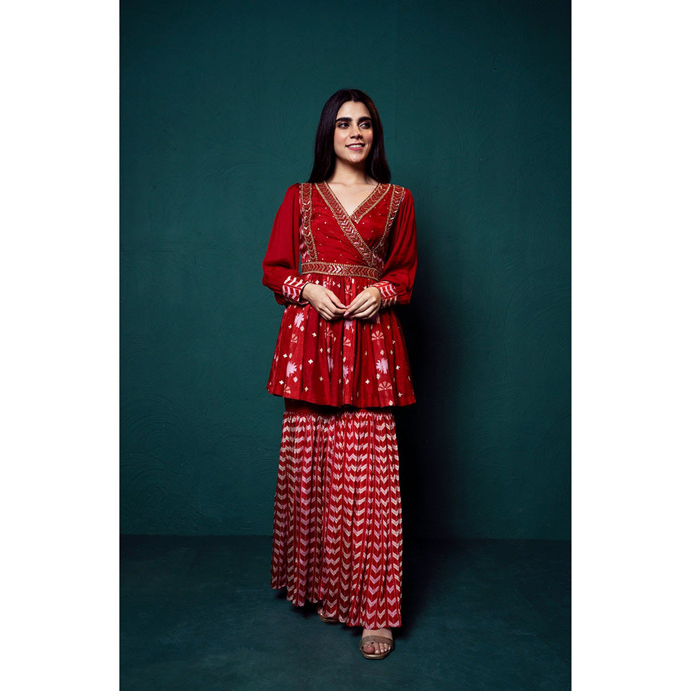 Suave by Neha Arora Red Surkh Peplum Kurta With Sharara (Set of 2)