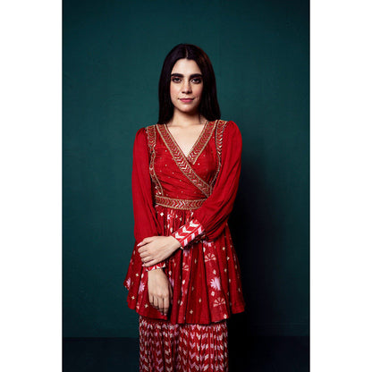 Suave by Neha Arora Red Surkh Peplum Kurta With Sharara (Set of 2)
