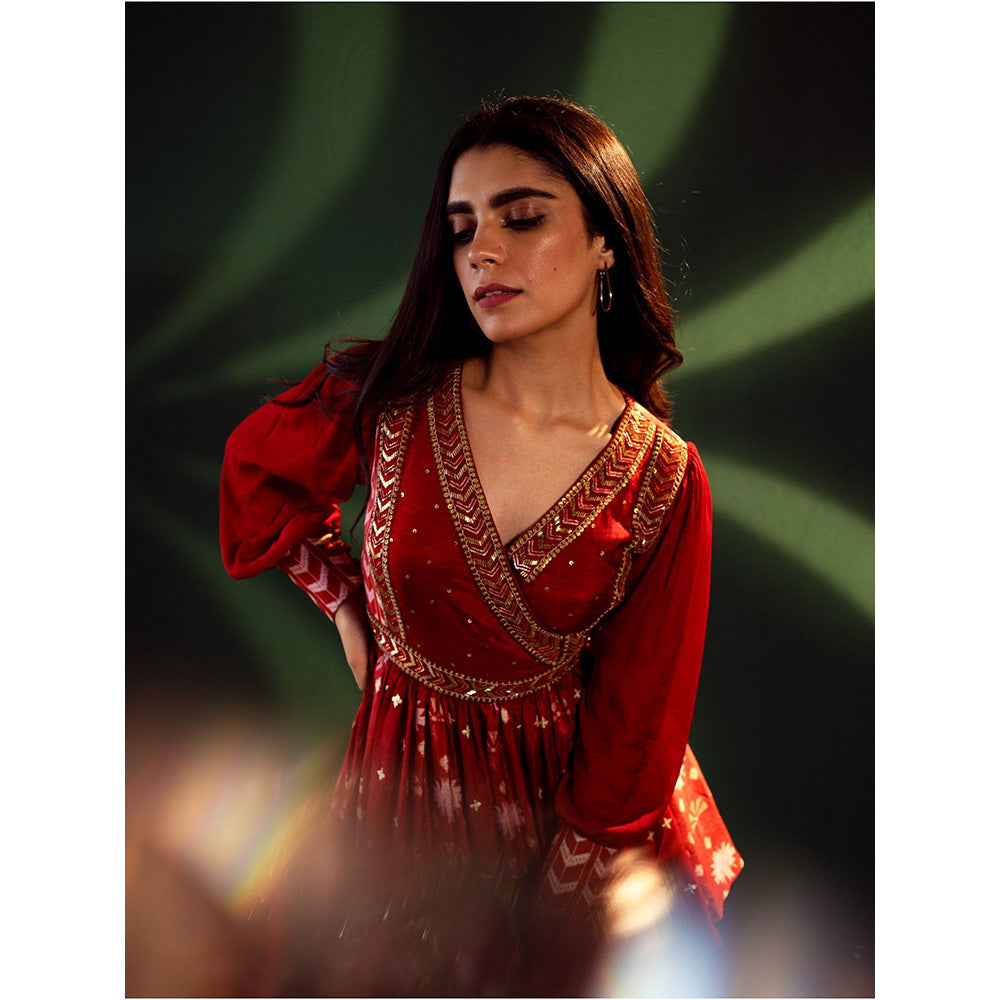 Suave by Neha Arora Red Surkh Peplum Kurta With Sharara (Set of 2)