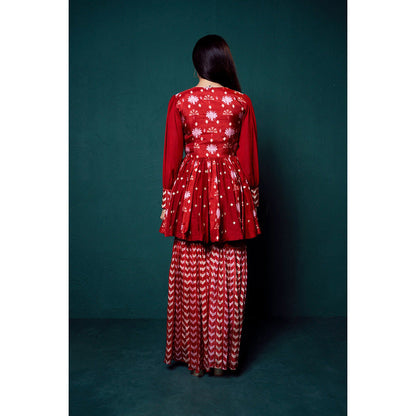 Suave by Neha Arora Red Surkh Peplum Kurta With Sharara (Set of 2)