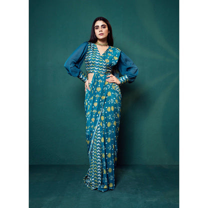 Suave by Neha Arora Blue Timeless Pre Draped Saree With Stitched Blouse and Belt