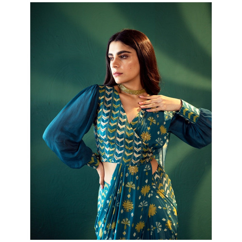 Suave by Neha Arora Blue Timeless Pre Draped Saree With Stitched Blouse and Belt