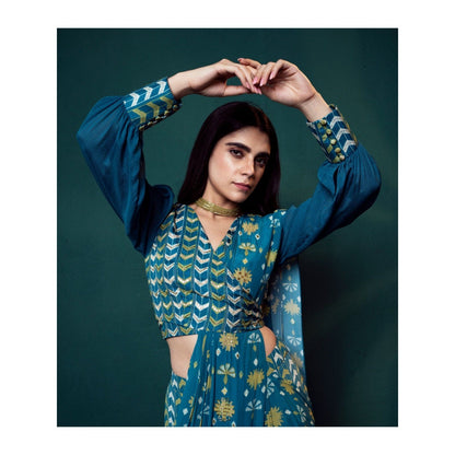 Suave by Neha Arora Blue Timeless Pre Draped Saree With Stitched Blouse and Belt