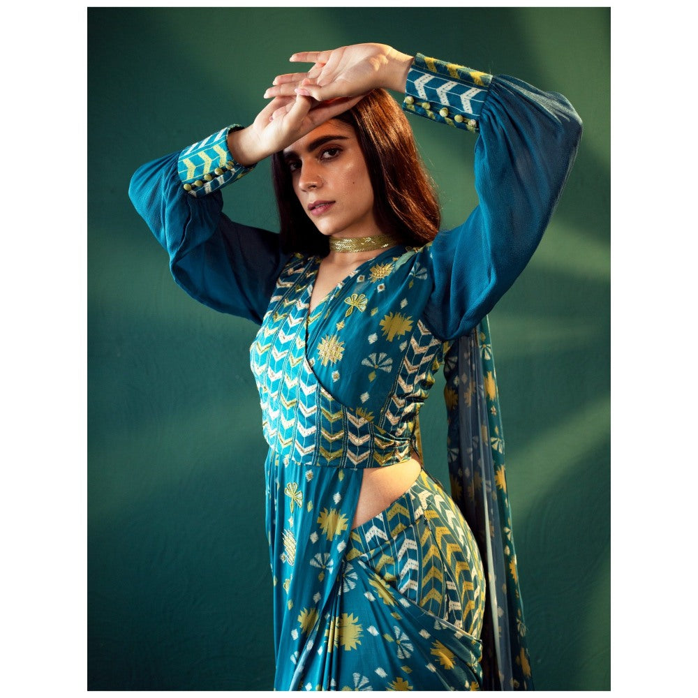 Suave by Neha Arora Blue Timeless Pre Draped Saree With Stitched Blouse and Belt