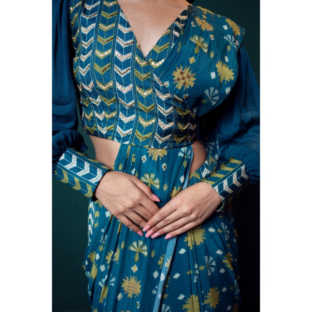 Suave by Neha Arora Blue Timeless Pre Draped Saree With Stitched Blouse and Belt