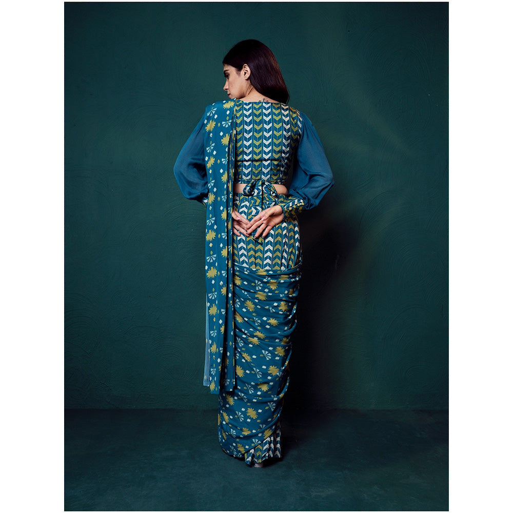 Suave by Neha Arora Blue Timeless Pre Draped Saree With Stitched Blouse and Belt