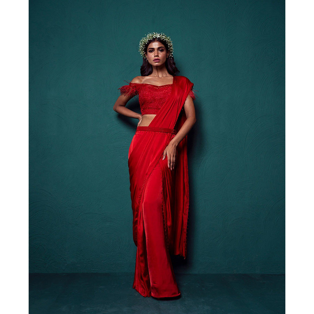 Suave by Neha Arora Red Surkh Pre Draped Saree With Stitched Blouse