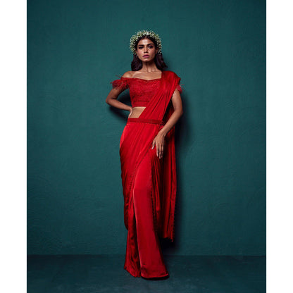 Suave by Neha Arora Red Surkh Pre Draped Saree With Stitched Blouse