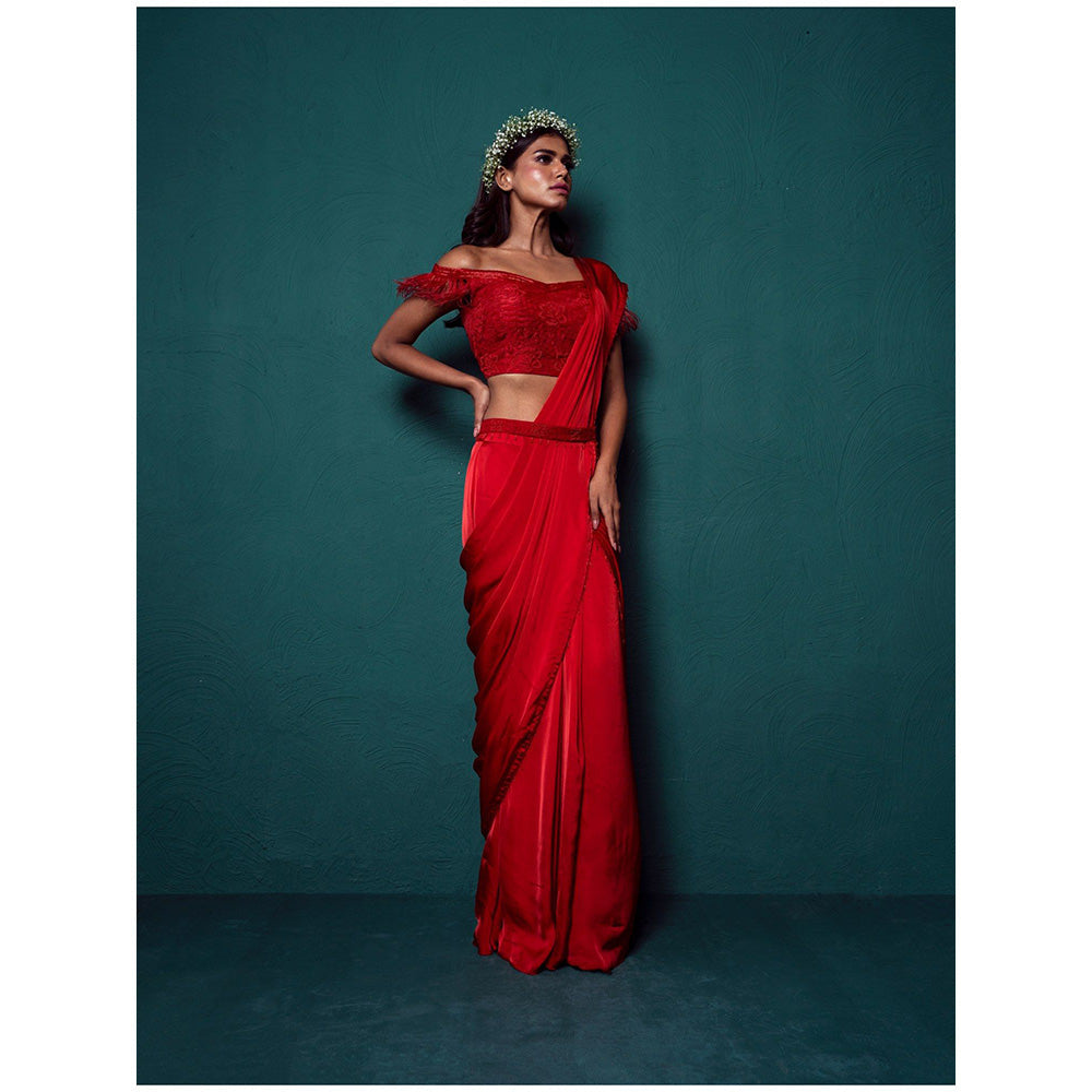 Suave by Neha Arora Red Surkh Pre Draped Saree With Stitched Blouse