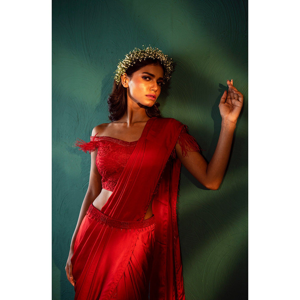 Suave by Neha Arora Red Surkh Pre Draped Saree With Stitched Blouse