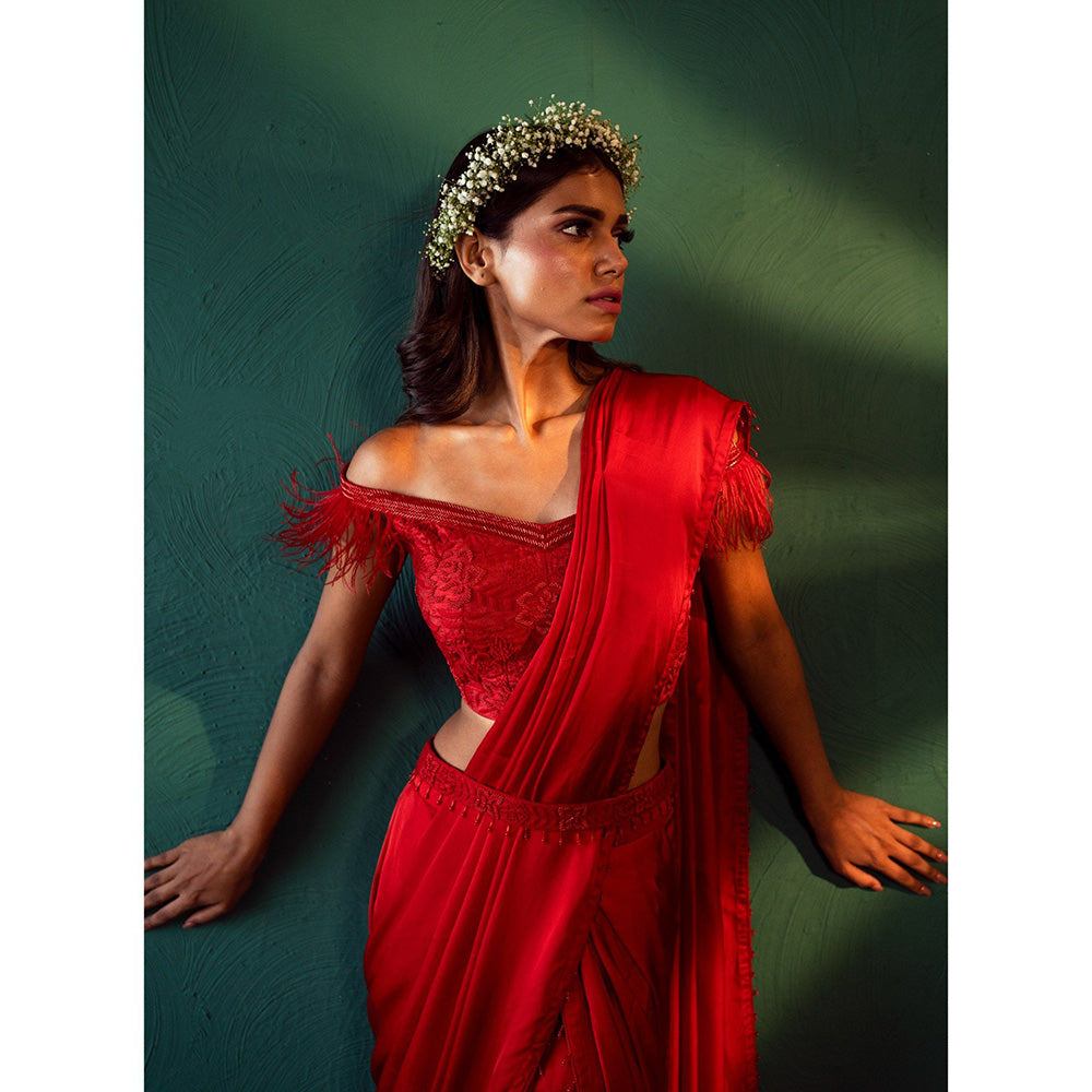 Suave by Neha Arora Red Surkh Pre Draped Saree With Stitched Blouse