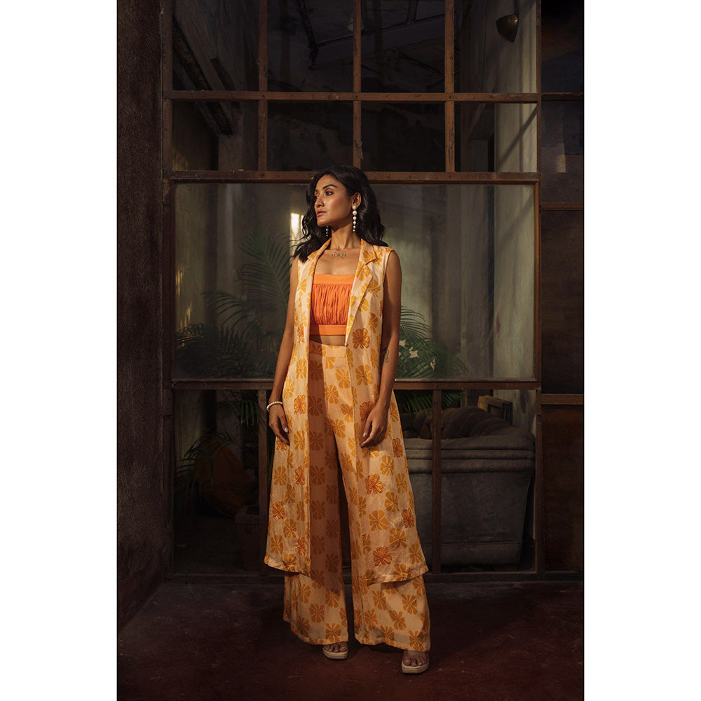 Suave by Neha Arora Orange Mustard Bloom Crop Top With Jacket And Pant (Set of 3)