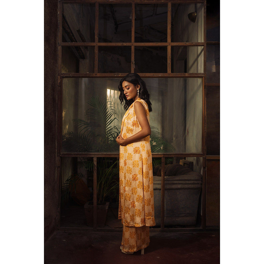 Suave by Neha Arora Orange Mustard Bloom Crop Top With Jacket And Pant (Set of 3)