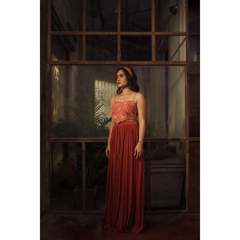 Suave by Neha Arora Rust Savannah Solid Lehenga With Crop Top (Set of 2)