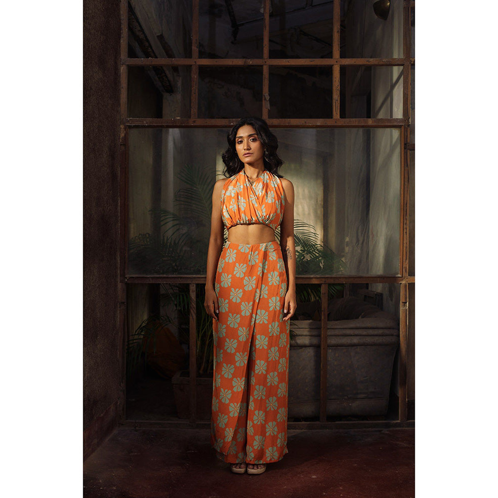 Suave by Neha Arora Orange Bloom Halter Co-Ord (Set of 2)