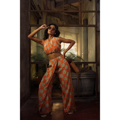 Suave by Neha Arora Orange Bloom Halter Co-Ord (Set of 2)
