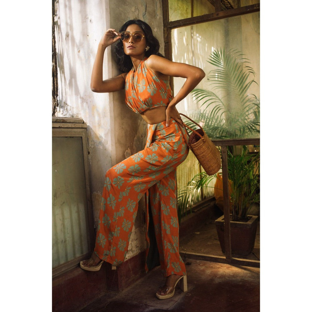 Suave by Neha Arora Orange Bloom Halter Co-Ord (Set of 2)