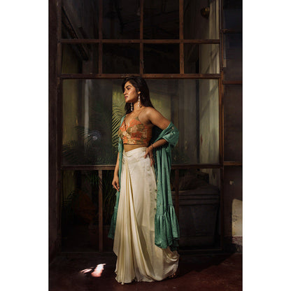 Suave by Neha Arora Green Meadow Cape With Crop Top And Skirt (Set of 3)