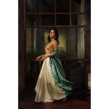 Suave by Neha Arora Green Meadow Cape With Crop Top And Skirt (Set of 3)