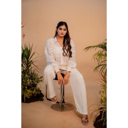 SUBTLE White Embellished Shirt with Bustier & Pant