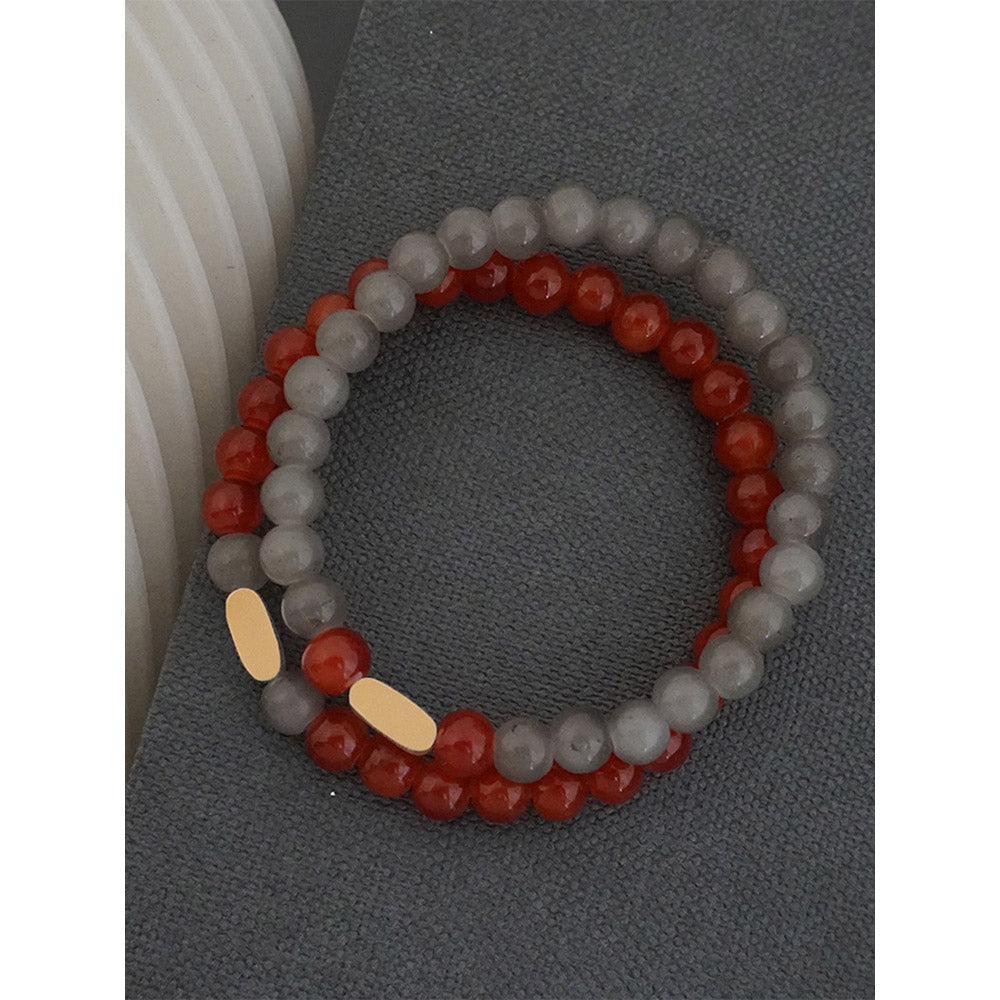 Suhani Pittie Gold Plated Oval Motif With Red & Grey Glass Beads Distance Bracelet (Set Of 2)