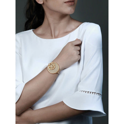 Suhani Pittie Gold Plated Wire Cuff With Round Yellow Acrylic And Dots Coin On It