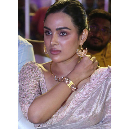Suhani Pittie Rectangular Golden Bracelet with Pearls Worn By Samyukta Menon