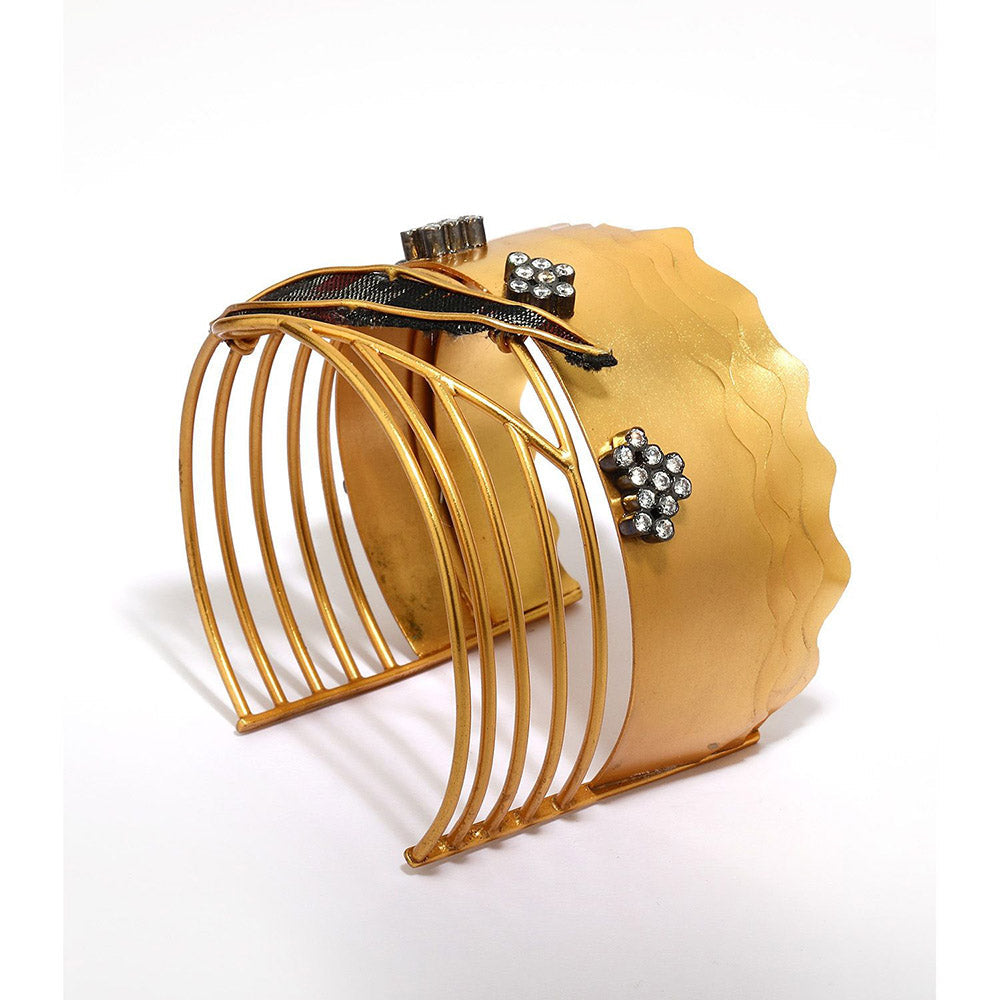 Suhani Pittie Gold Plated 5 Line Wires & Wavy Cuff with Fabric Leaf and CZ's On It