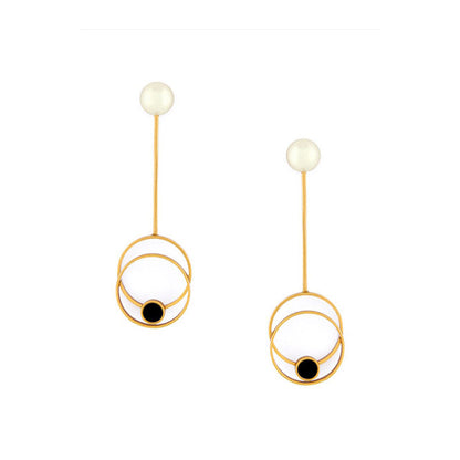 Suhani Pittie Gold Toned Circle On Circle Pendulum Earrings with Black Perspex & Pearl Detail