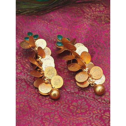 Suhani Pittie Gold coin cluster Dangler earrings with green crystals