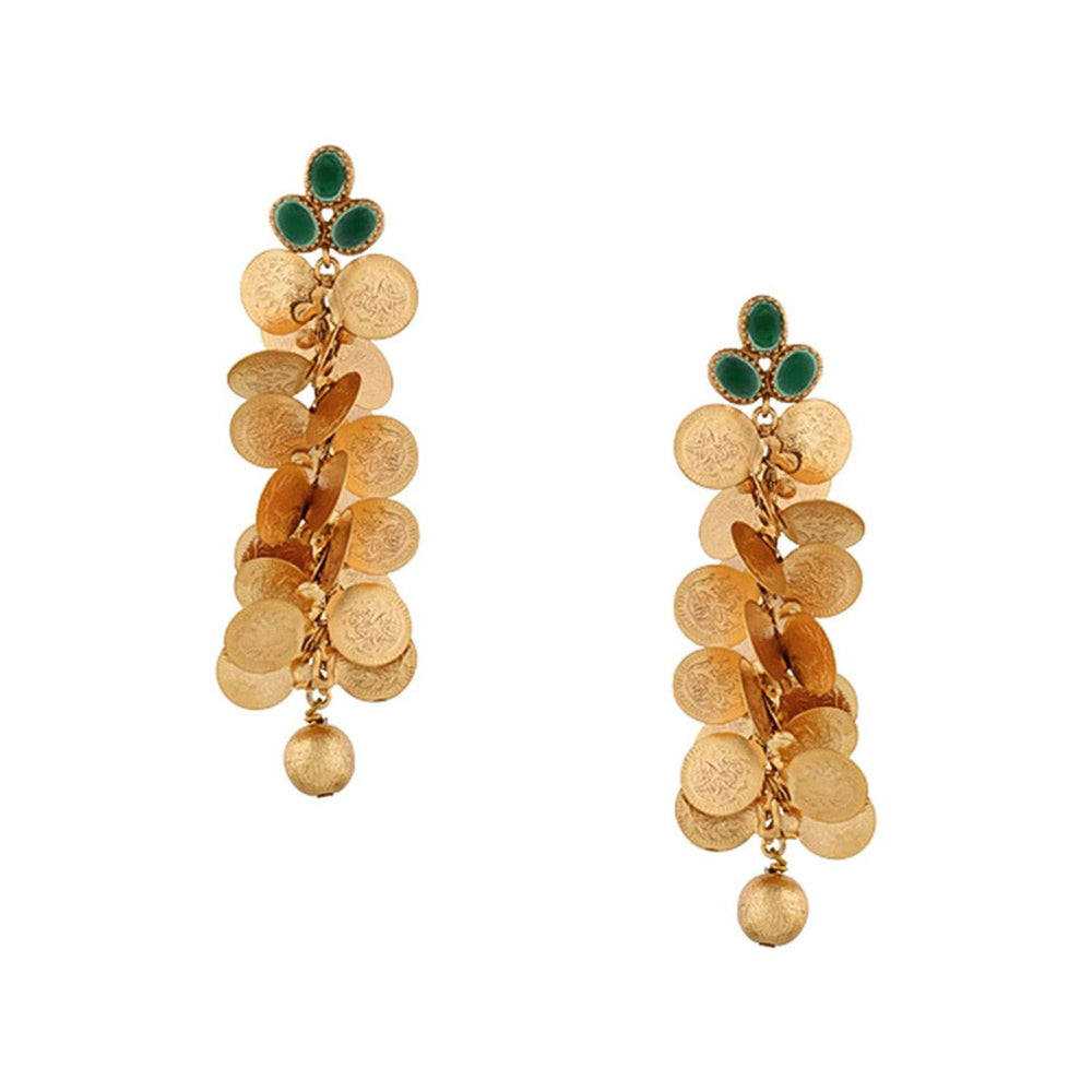 Suhani Pittie Gold coin cluster Dangler earrings with green crystals
