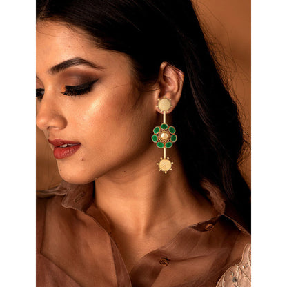 Suhani Pittie Gold Sun Flower Drop earrings with green crystals