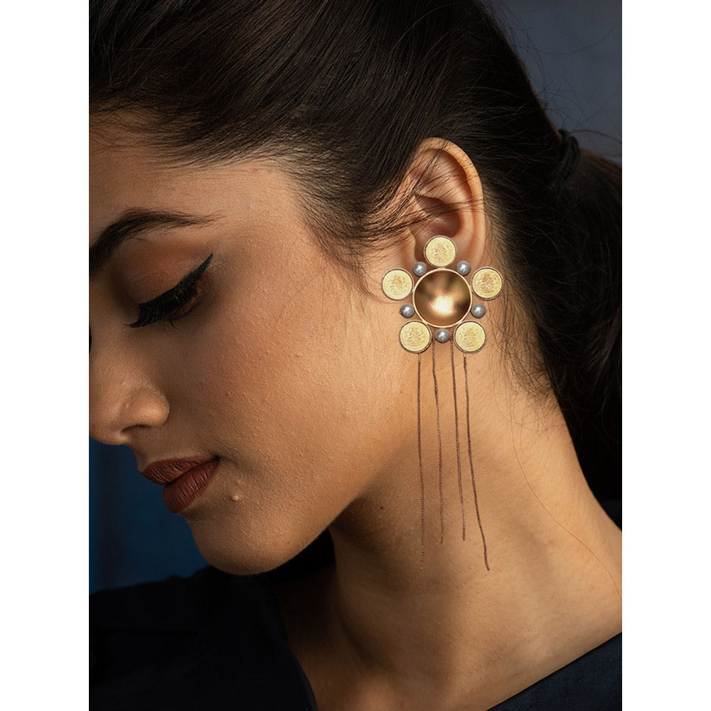 Suhani Pittie Gold floral coin earrings with fringe