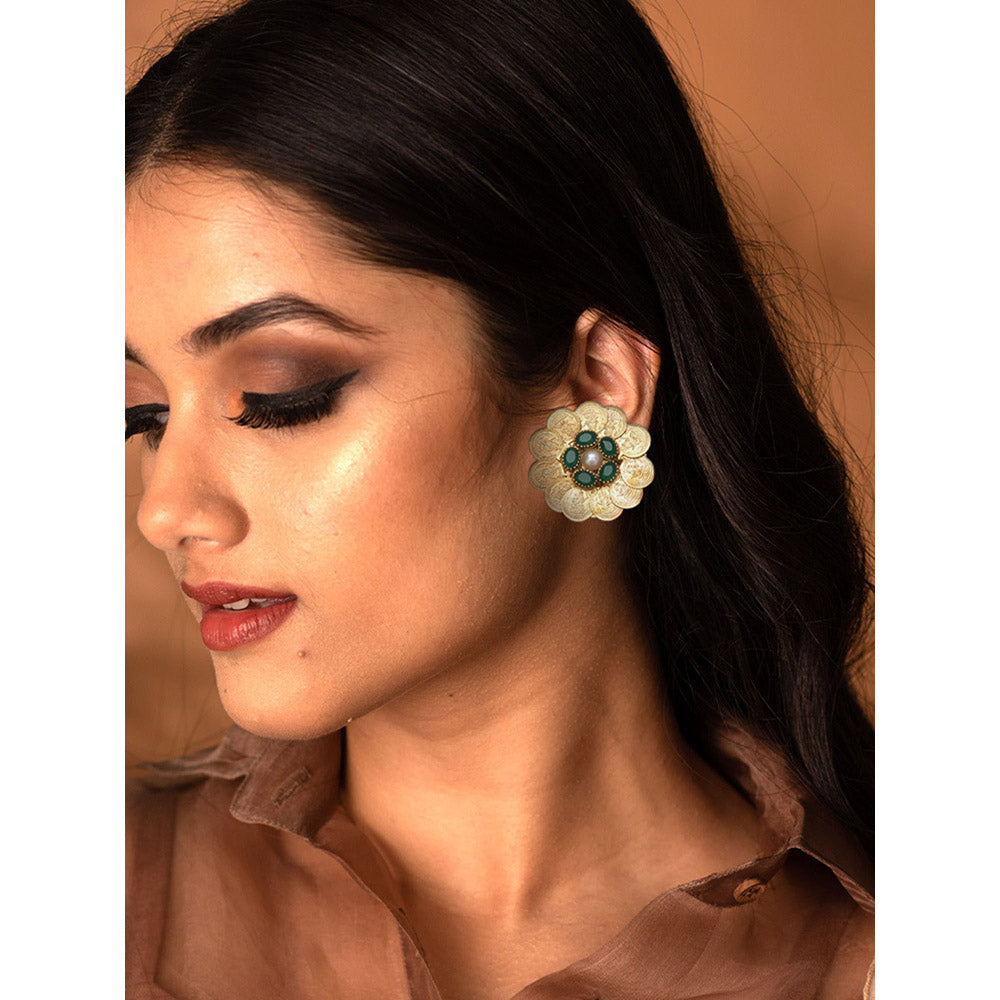 Suhani Pittie Gold coin stud earrings with green crystals