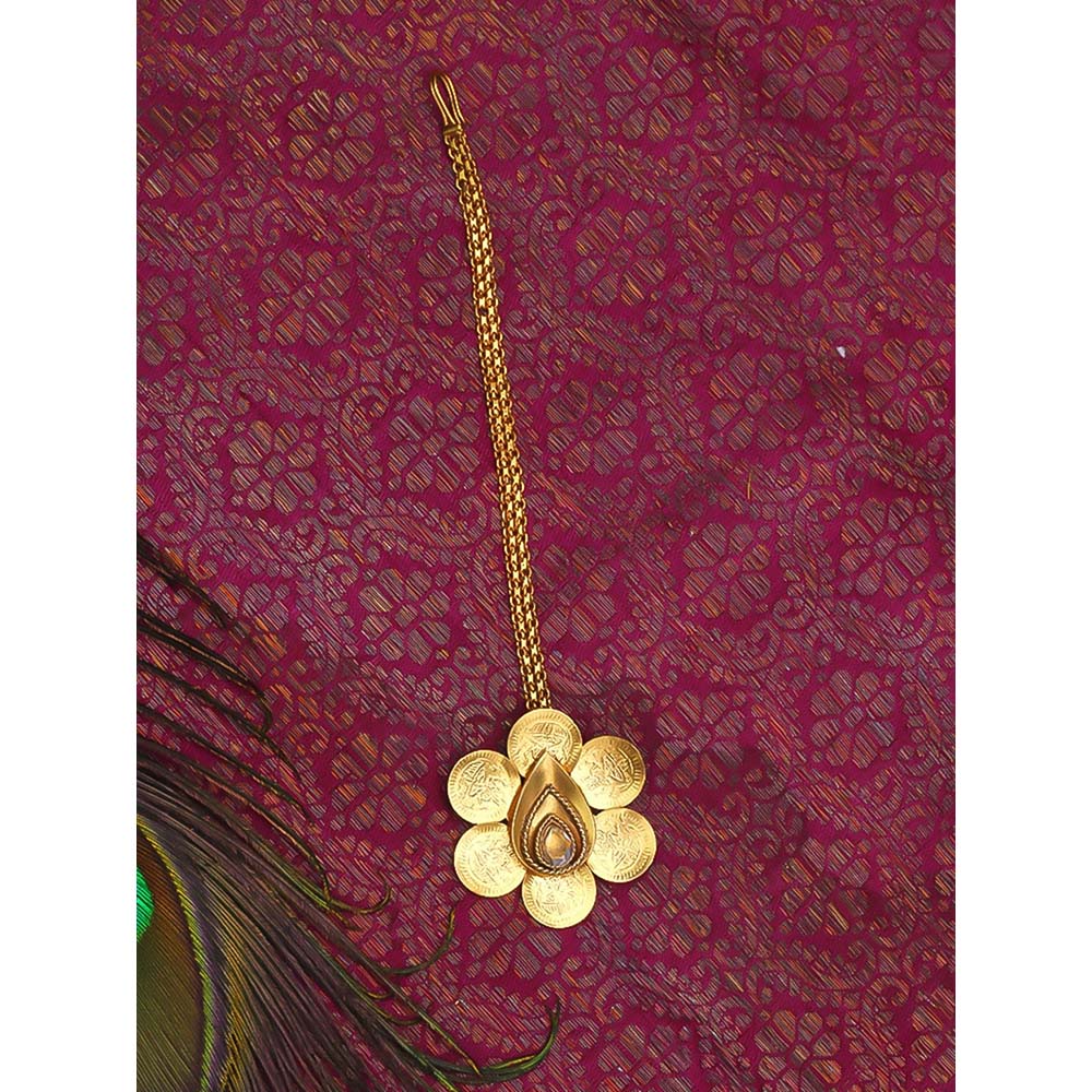 Suhani Pittie Gold coin flower maang tikka with crystal