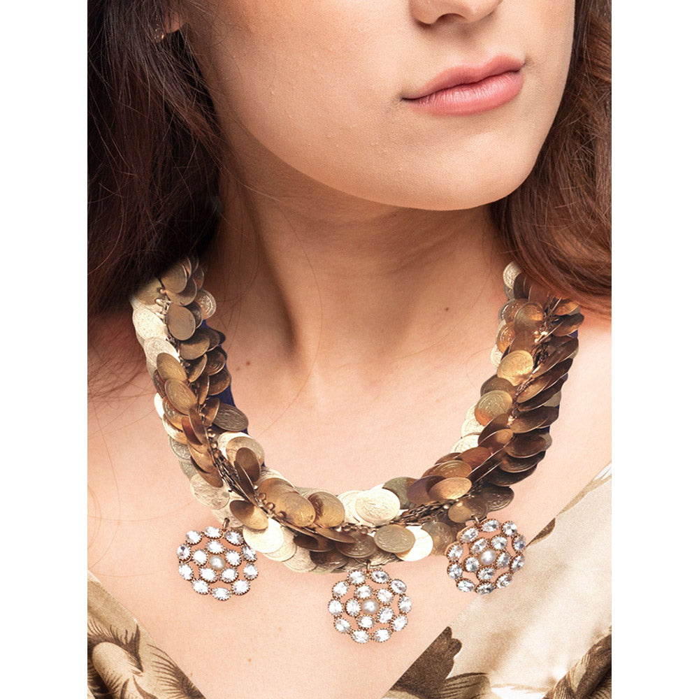 Suhani Pittie Gold coin twist neckpiece with floral crystal pendants