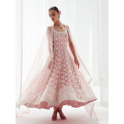 SUHINO Pink Net Anarkali Kurta, Pant & Dupatta (Set of 3)