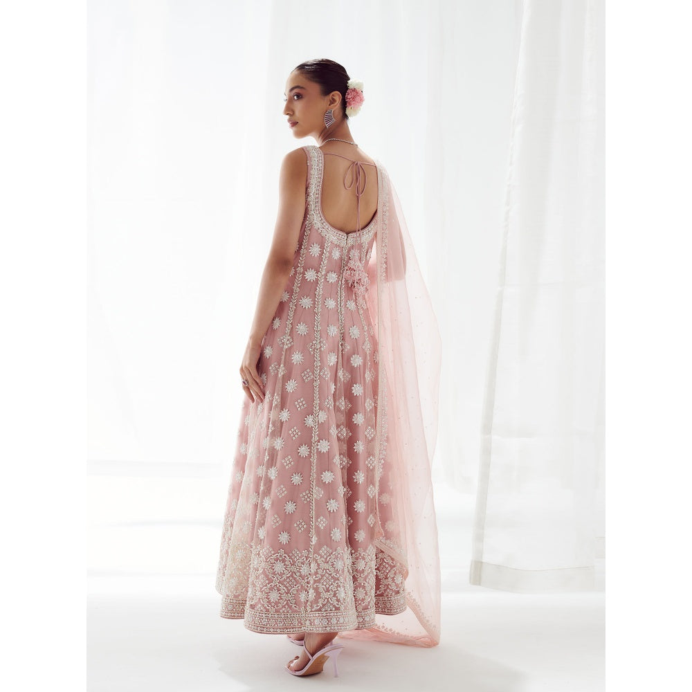 SUHINO Pink Net Anarkali Kurta, Pant & Dupatta (Set of 3)